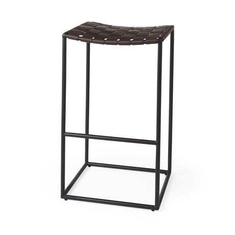 Mercana Clarissa 18.0L x 16.0W x 30.25H Dark Brown Woven Leather Seat W/ Black Metal Frame Bar Stool