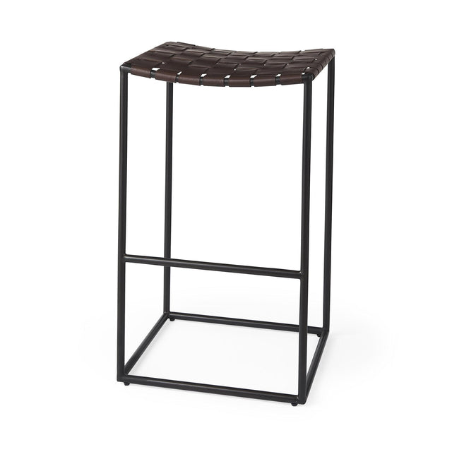 Mercana Clarissa 18.0L x 16.0W x 30.25H Dark Brown Woven Leather Seat W/ Black Metal Frame Bar Stool