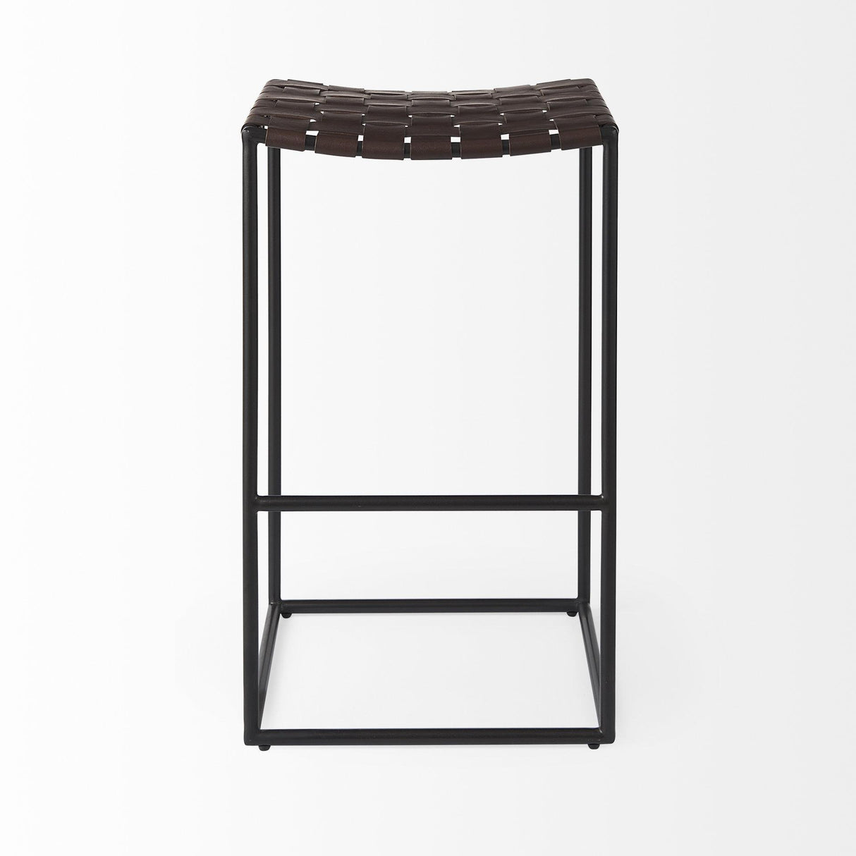 Mercana Clarissa 18.0L x 16.0W x 30.25H Dark Brown Woven Leather Seat W/ Black Metal Frame Bar Stool