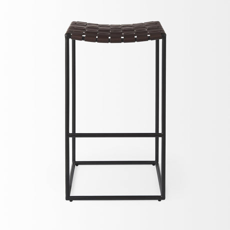 Mercana Clarissa 18.0L x 16.0W x 30.25H Dark Brown Woven Leather Seat W/ Black Metal Frame Bar Stool