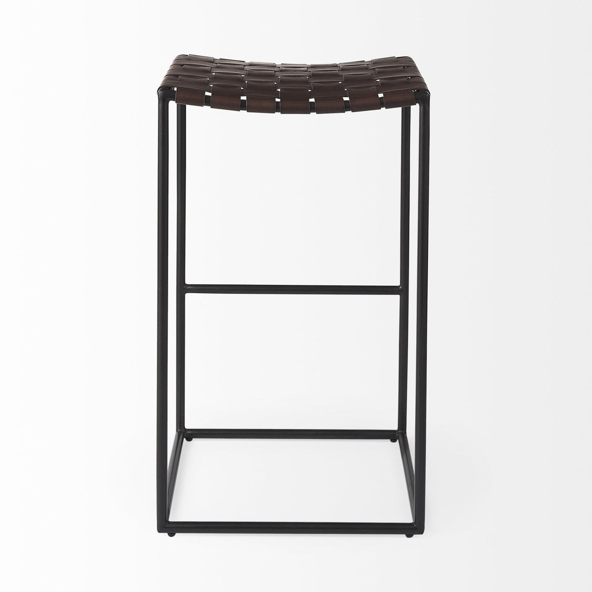 Mercana Clarissa 18.0L x 16.0W x 30.25H Dark Brown Woven Leather Seat W/ Black Metal Frame Bar Stool