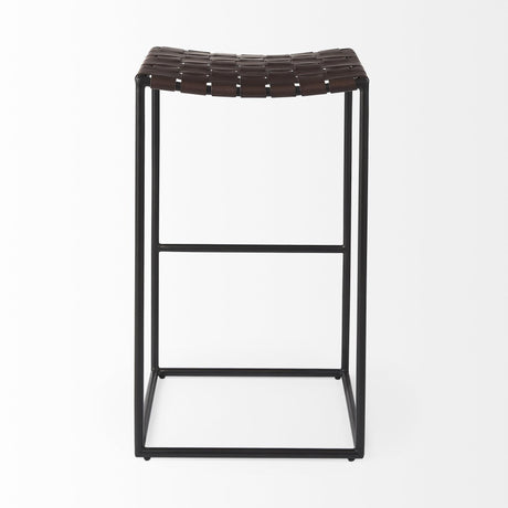 Mercana Clarissa 18.0L x 16.0W x 30.25H Dark Brown Woven Leather Seat W/ Black Metal Frame Bar Stool
