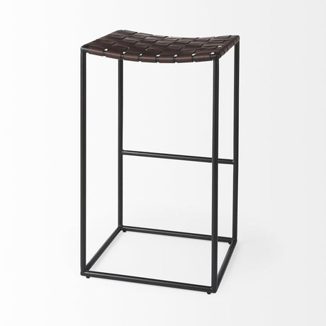 Mercana Clarissa 18.0L x 16.0W x 30.25H Dark Brown Woven Leather Seat W/ Black Metal Frame Bar Stool