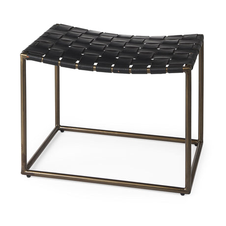 Mercana Clarissa 22.0L x 16.0W x 16.75H Black Leather Woven Seat W/ Gold Metal Frame Stool