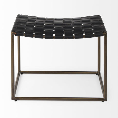 Mercana Clarissa 22.0L x 16.0W x 16.75H Black Leather Woven Seat W/ Gold Metal Frame Stool