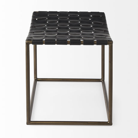 Mercana Clarissa 22.0L x 16.0W x 16.75H Black Leather Woven Seat W/ Gold Metal Frame Stool