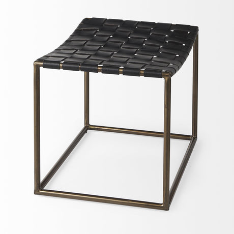 Mercana Clarissa 22.0L x 16.0W x 16.75H Black Leather Woven Seat W/ Gold Metal Frame Stool
