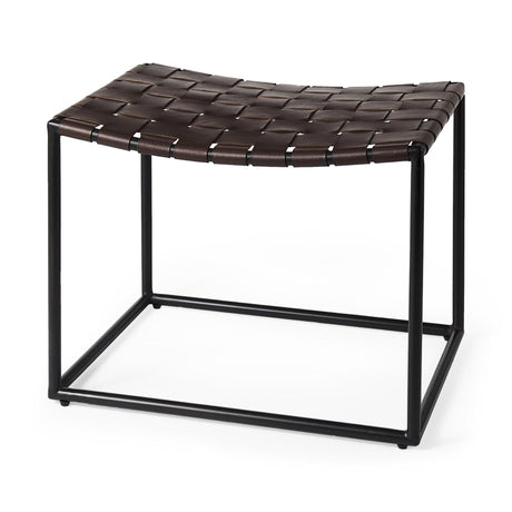 Mercana Clarissa 22.0L x 16.0W x 16.5H Brown Leather Woven Seat W/ Black Metal Frame Stool