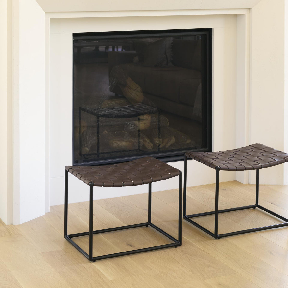 Mercana Clarissa 22.0L x 16.0W x 16.5H Brown Leather Woven Seat W/ Black Metal Frame Stool