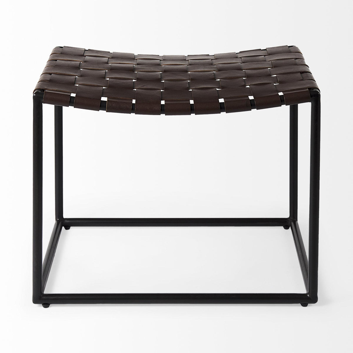 Mercana Clarissa 22.0L x 16.0W x 16.5H Brown Leather Woven Seat W/ Black Metal Frame Stool