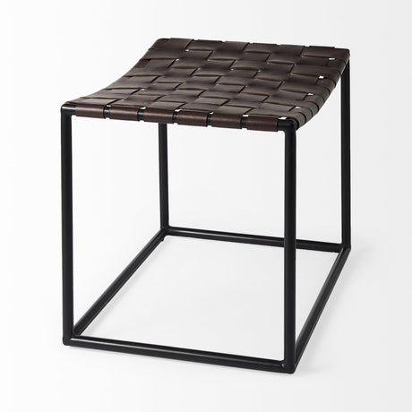 Mercana Clarissa 22.0L x 16.0W x 16.5H Brown Leather Woven Seat W/ Black Metal Frame Stool