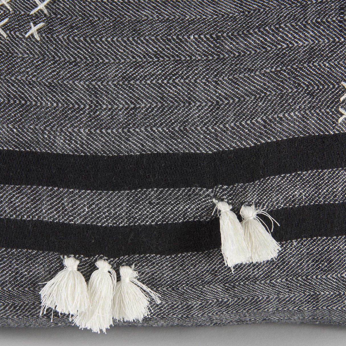 Mercana Sibyl 13L x 21W Black Fabric Striped and White Fringed Decorative Pillow Cover