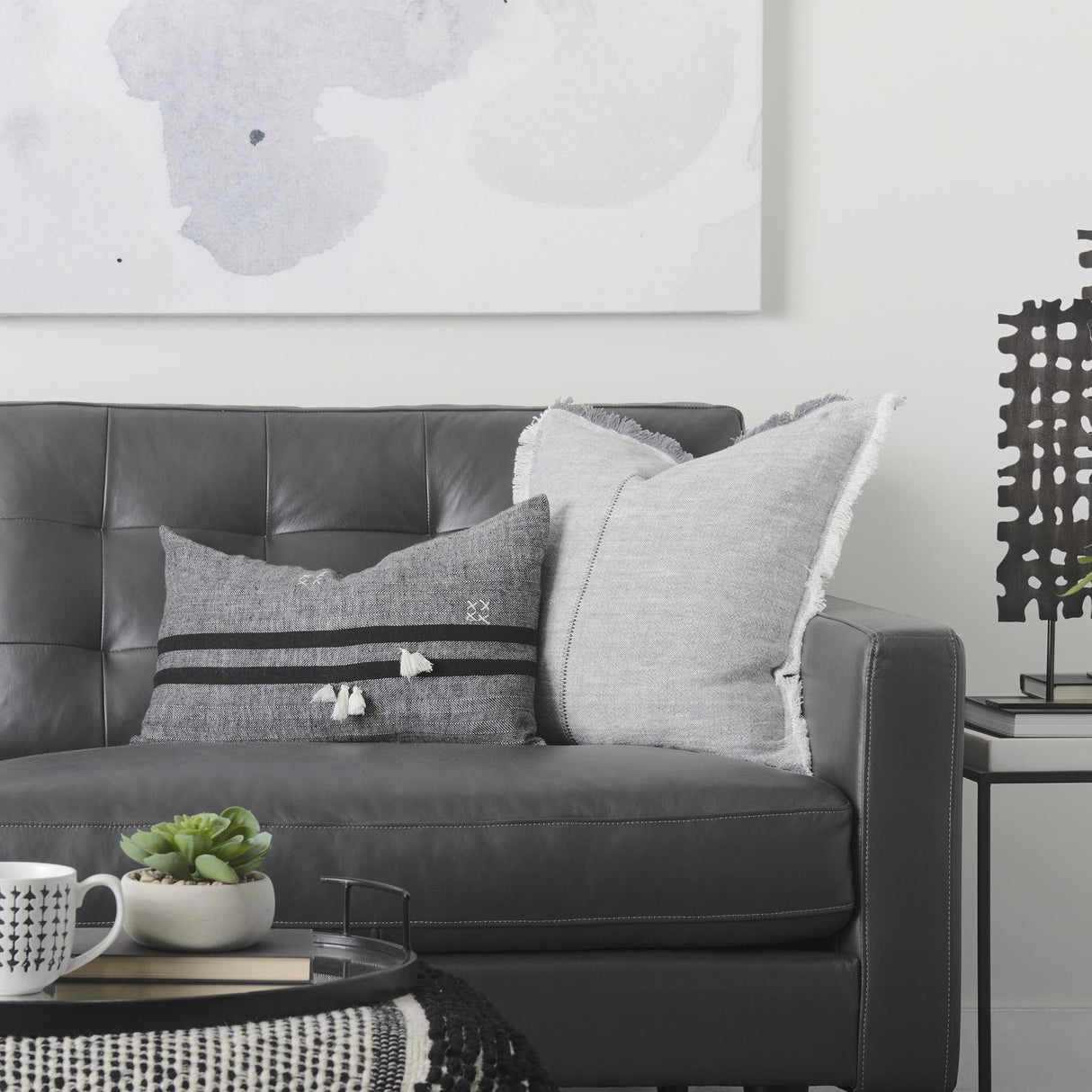 Mercana Sibyl 13L x 21W Black Fabric Striped and White Fringed Decorative Pillow Cover