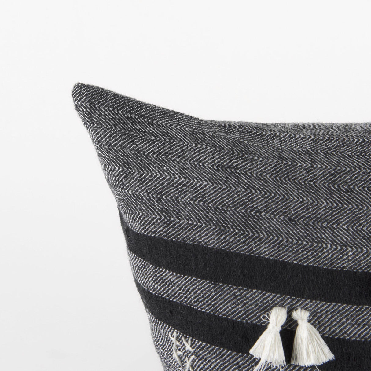 Mercana Sibyl 18L x 18W Black Fabric Striped and White Fringed Decorative Pillow Cover