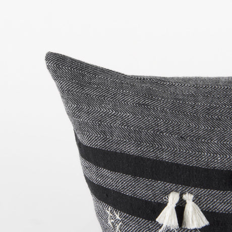Mercana Sibyl 18L x 18W Black Fabric Striped and White Fringed Decorative Pillow Cover
