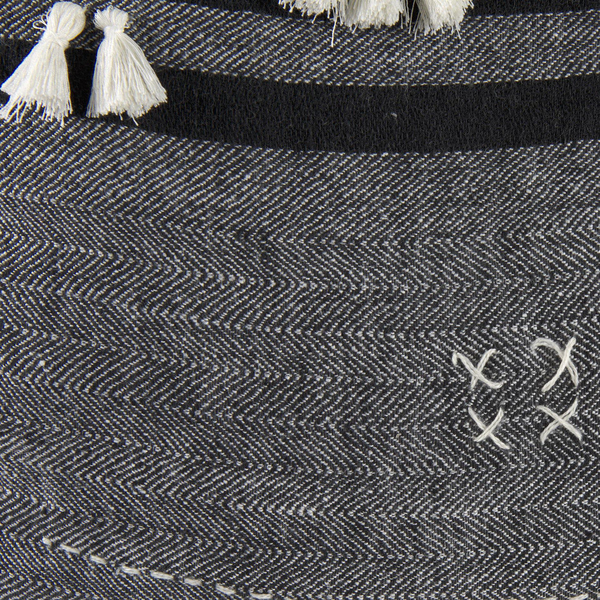 Mercana Sibyl 18L x 18W Black Fabric Striped and White Fringed Decorative Pillow Cover