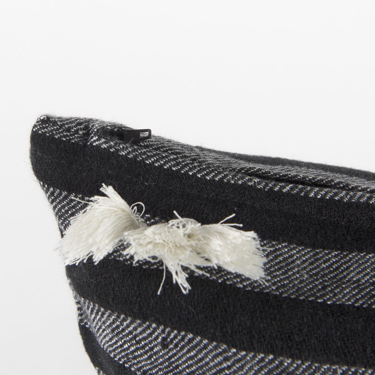 Mercana Sibyl 18L x 18W Black Fabric Striped and White Fringed Decorative Pillow Cover