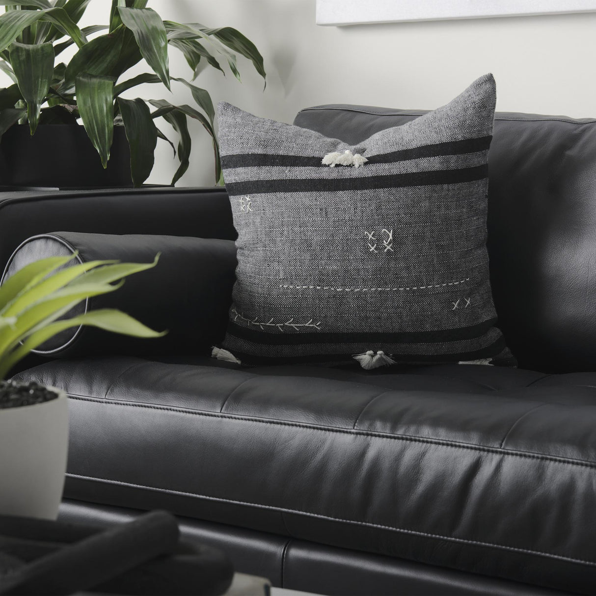 Mercana Sibyl 18L x 18W Black Fabric Striped and White Fringed Decorative Pillow Cover