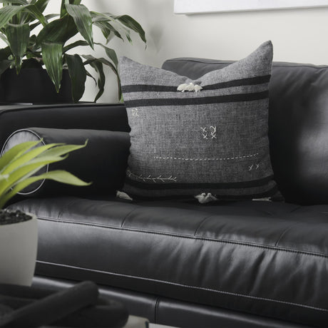 Mercana Sibyl 18L x 18W Black Fabric Striped and White Fringed Decorative Pillow Cover