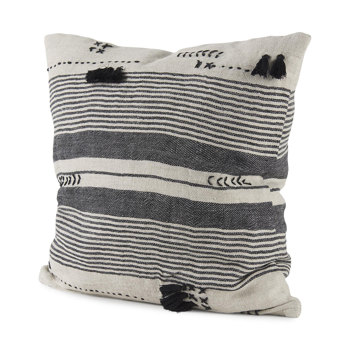 Mercana Thalia 18L x 18W Black and Beige Fabric Striped and Fringed Decorative Pillow Cover