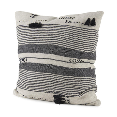 Mercana Thalia 18L x 18W Black and Beige Fabric Striped and Fringed Decorative Pillow Cover