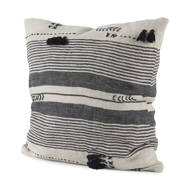 Mercana Thalia 18L x 18W Black and Beige Fabric Striped and Fringed Decorative Pillow Cover