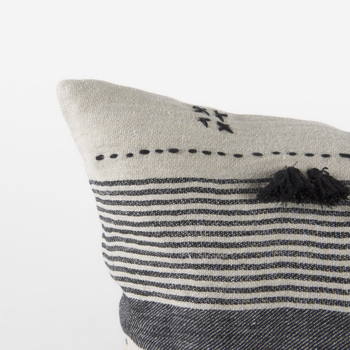 Mercana Thalia 18L x 18W Black and Beige Fabric Striped and Fringed Decorative Pillow Cover