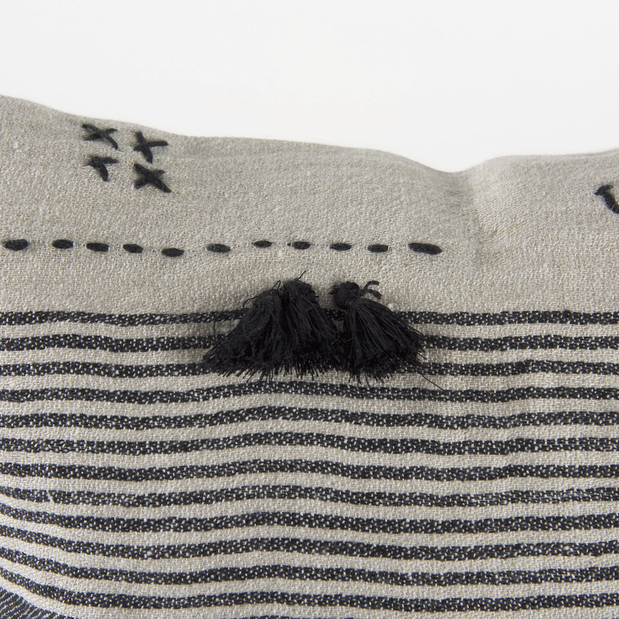 Mercana Thalia 18L x 18W Black and Beige Fabric Striped and Fringed Decorative Pillow Cover