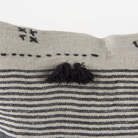 Mercana Thalia 18L x 18W Black and Beige Fabric Striped and Fringed Decorative Pillow Cover