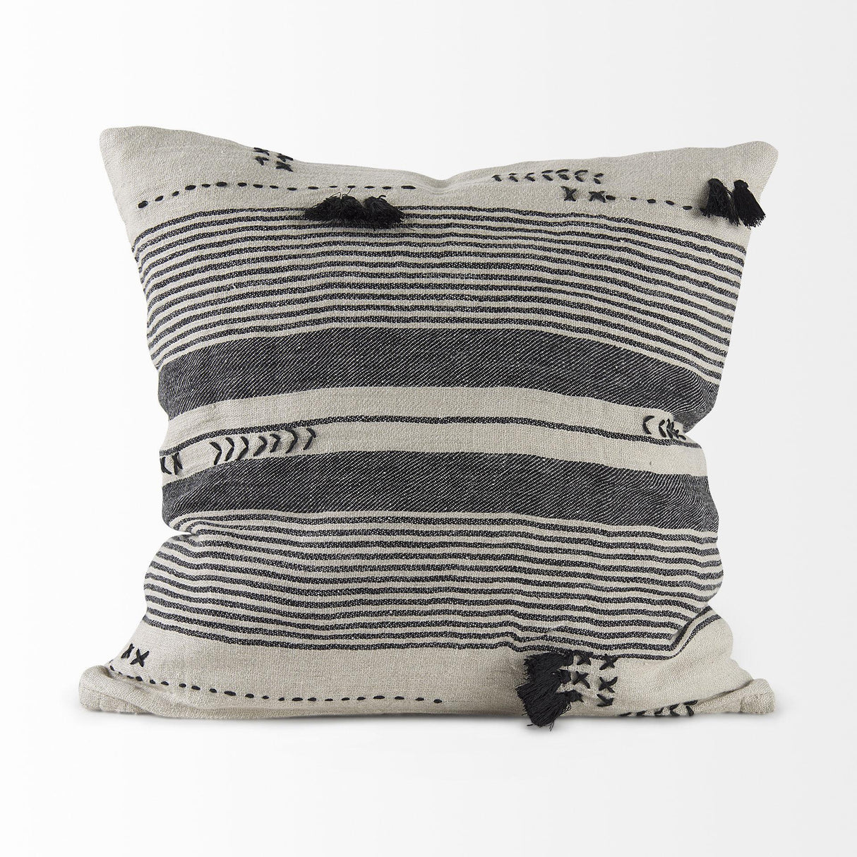 Mercana Thalia 18L x 18W Black and Beige Fabric Striped and Fringed Decorative Pillow Cover