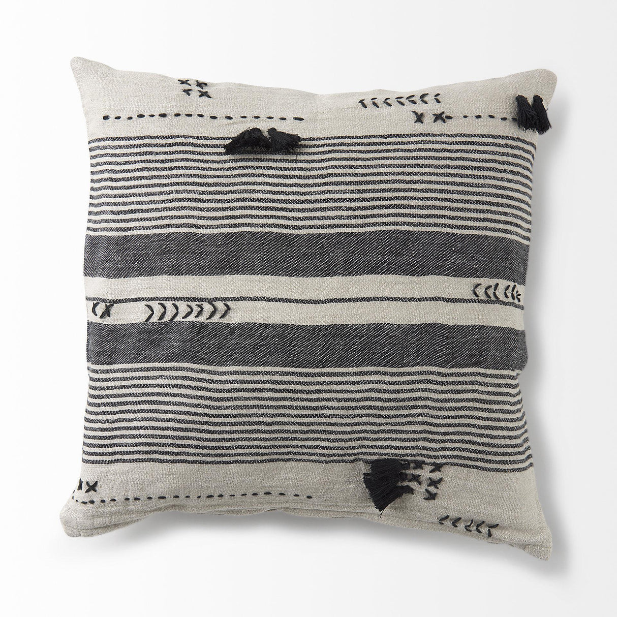 Mercana Thalia 18L x 18W Black and Beige Fabric Striped and Fringed Decorative Pillow Cover