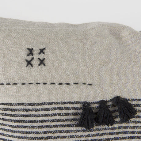 Mercana Thalia 13L x 21W Black and Beige Fabric Striped and Fringed Decorative Pillow Cover