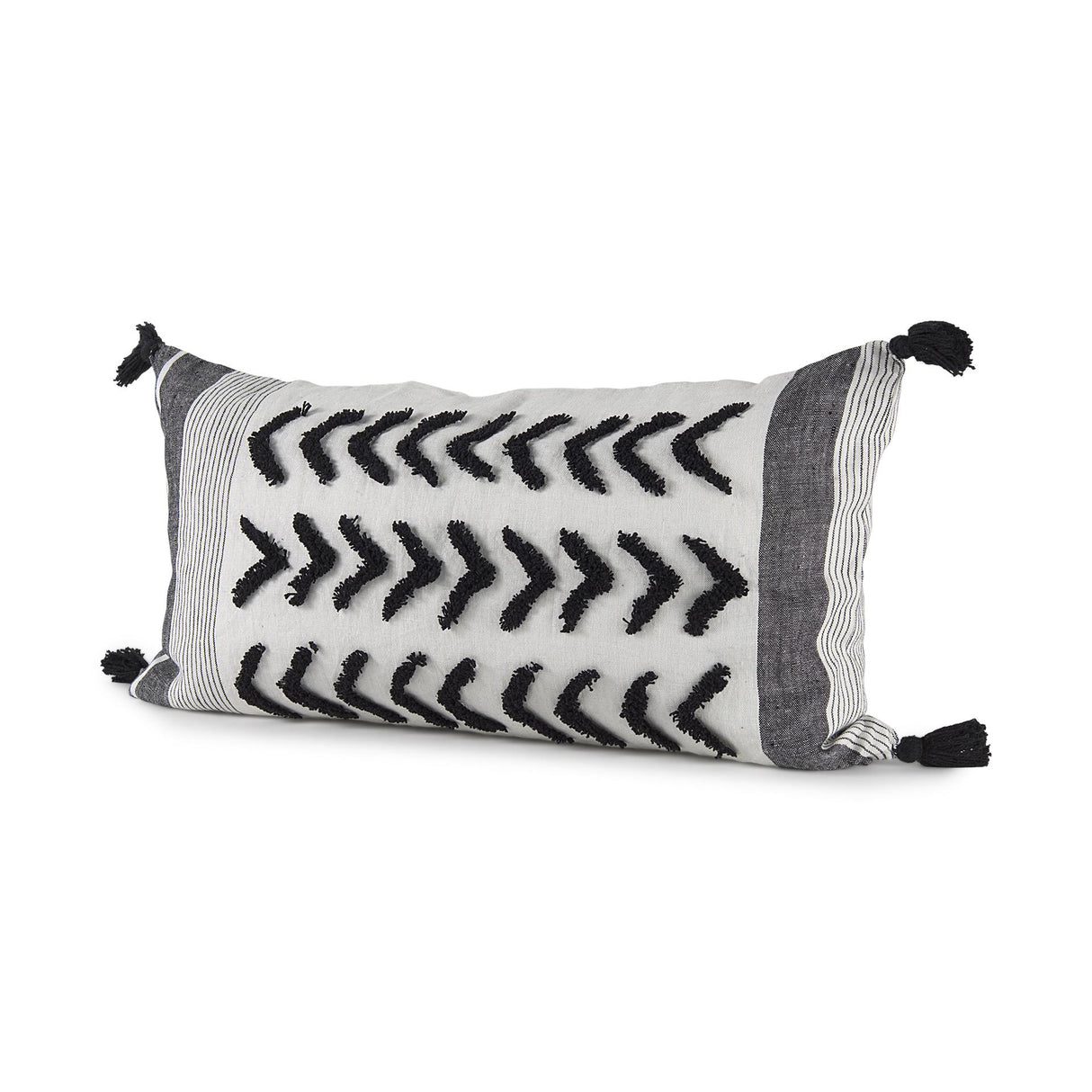 Mercana Kimia 14L x 26W White and Black Fabric Herringbone and Fringed Decorative Pillow Cover