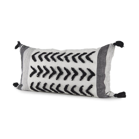 Mercana Kimia 14L x 26W White and Black Fabric Herringbone and Fringed Decorative Pillow Cover