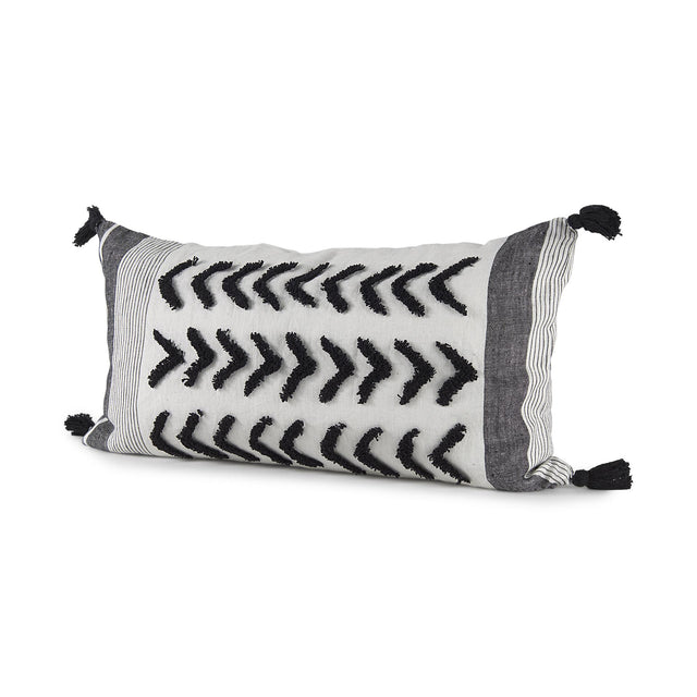 Mercana Kimia 14L x 26W White and Black Fabric Herringbone and Fringed Decorative Pillow Cover