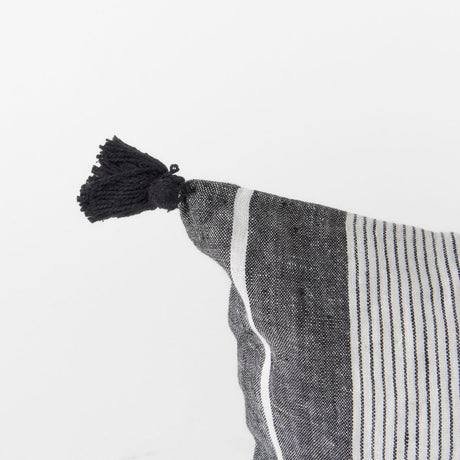 Mercana Kimia 14L x 26W White and Black Fabric Herringbone and Fringed Decorative Pillow Cover