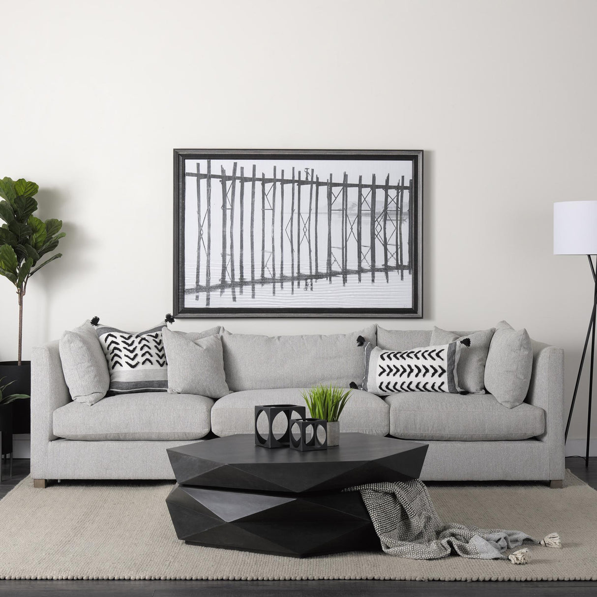 Mercana Kimia 14L x 26W White and Black Fabric Herringbone and Fringed Decorative Pillow Cover