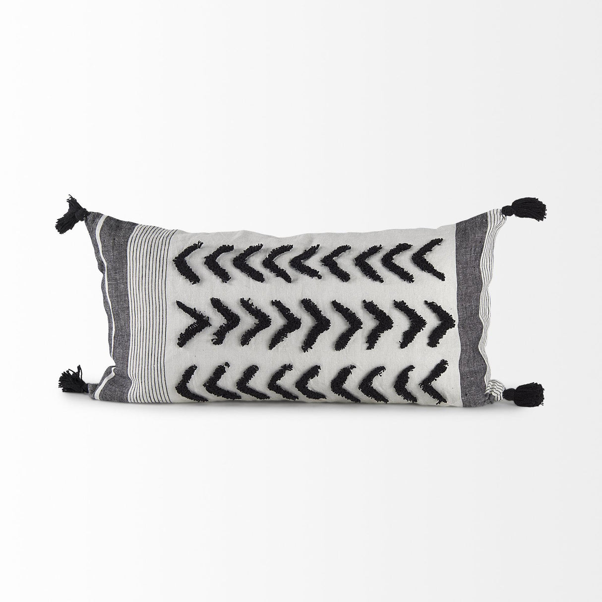 Mercana Kimia 14L x 26W White and Black Fabric Herringbone and Fringed Decorative Pillow Cover