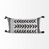Mercana Kimia 14L x 26W White and Black Fabric Herringbone and Fringed Decorative Pillow Cover