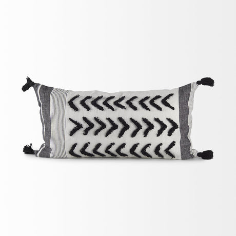 Mercana Kimia 14L x 26W White and Black Fabric Herringbone and Fringed Decorative Pillow Cover