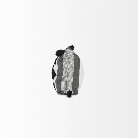 Mercana Kimia 14L x 26W White and Black Fabric Herringbone and Fringed Decorative Pillow Cover