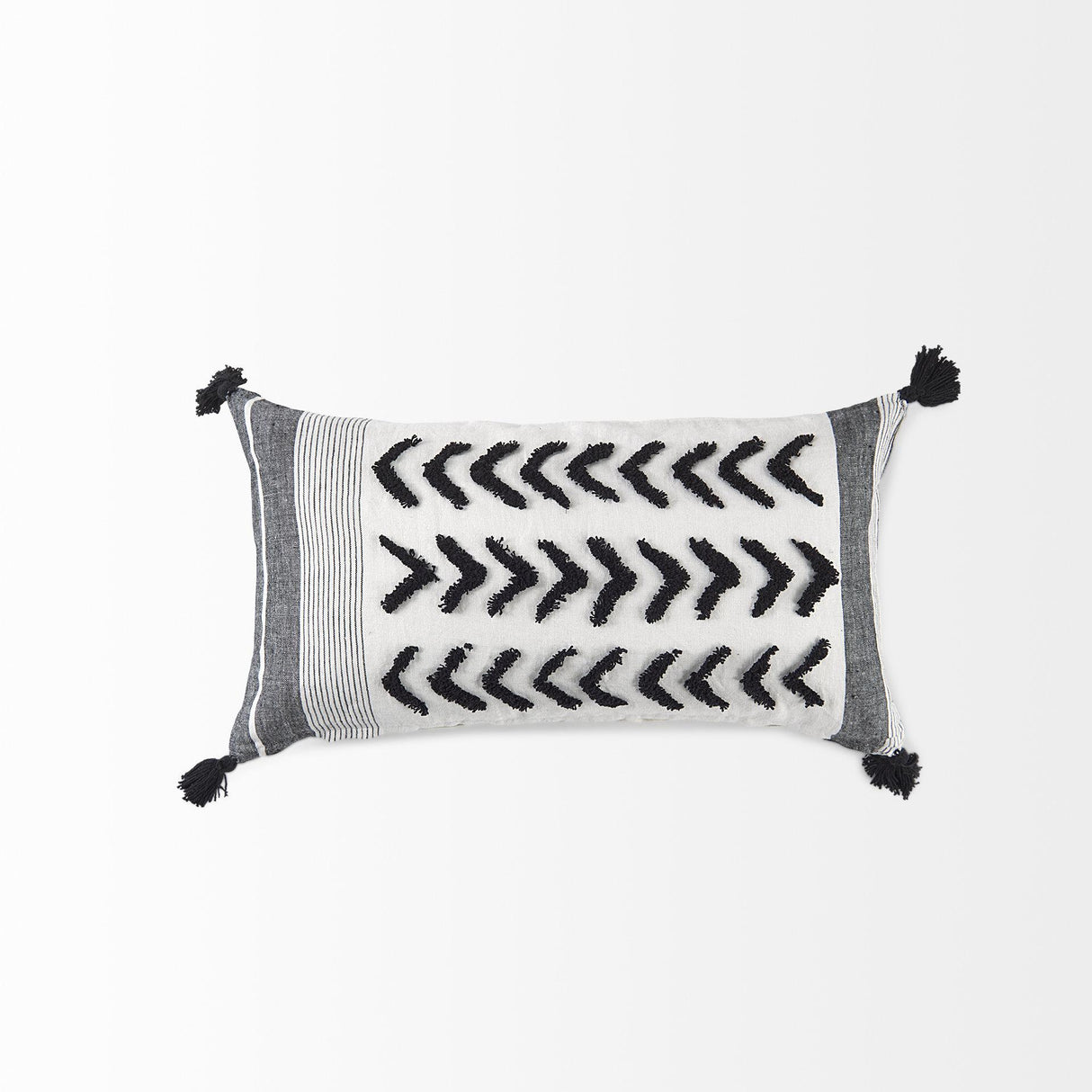 Mercana Kimia 14L x 26W White and Black Fabric Herringbone and Fringed Decorative Pillow Cover