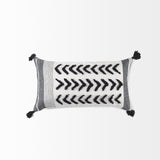 Mercana Kimia 14L x 26W White and Black Fabric Herringbone and Fringed Decorative Pillow Cover