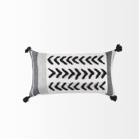 Mercana Kimia 14L x 26W White and Black Fabric Herringbone and Fringed Decorative Pillow Cover