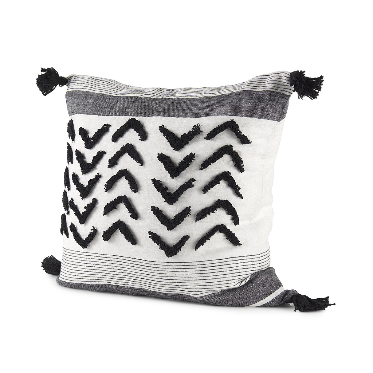Mercana Kimia 20L x 20W White and Black Fabric Herringbone and Fringed Decorative Pillow Cover