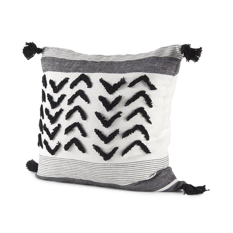 Mercana Kimia 20L x 20W White and Black Fabric Herringbone and Fringed Decorative Pillow Cover