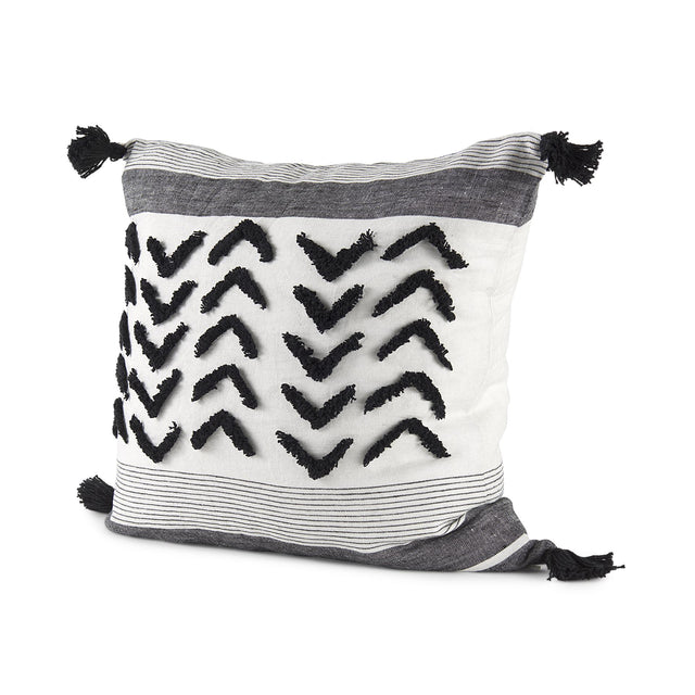 Mercana Kimia 20L x 20W White and Black Fabric Herringbone and Fringed Decorative Pillow Cover