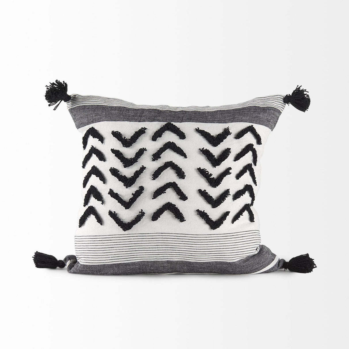 Mercana Kimia 20L x 20W White and Black Fabric Herringbone and Fringed Decorative Pillow Cover
