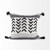 Mercana Kimia 20L x 20W White and Black Fabric Herringbone and Fringed Decorative Pillow Cover