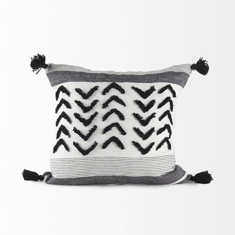 Mercana Kimia 20L x 20W White and Black Fabric Herringbone and Fringed Decorative Pillow Cover
